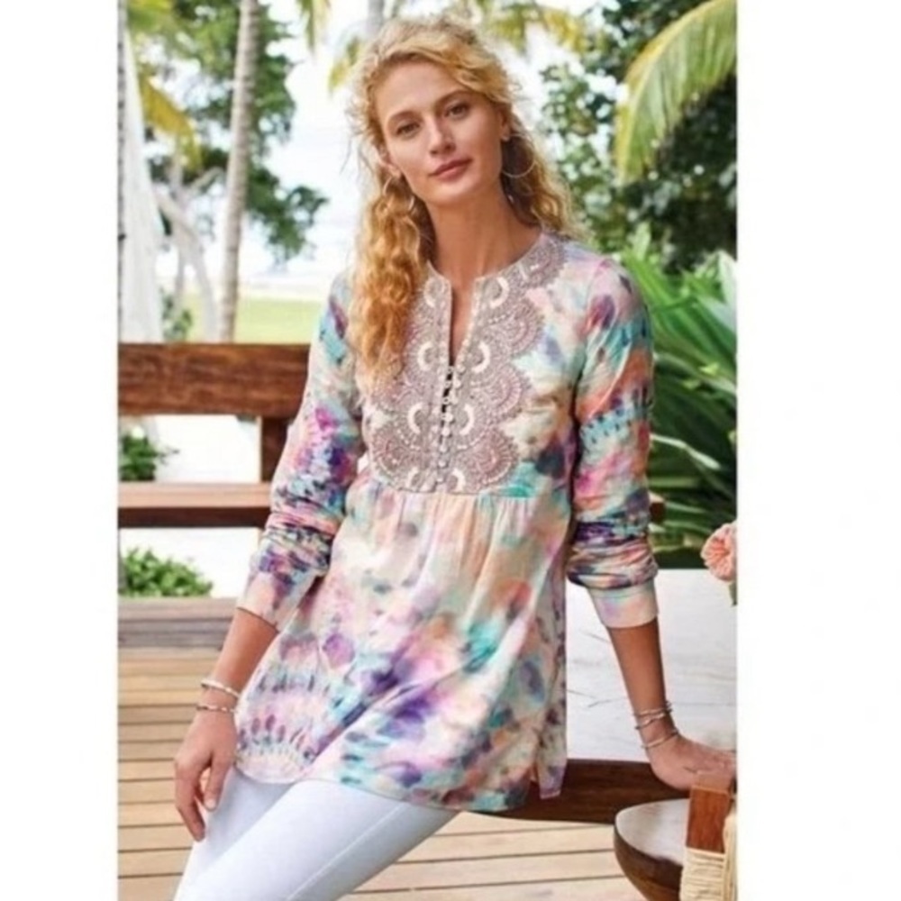 Soft surroundings beaded tunic top blouse BAZILLE watercolor rainbow tie dye PS